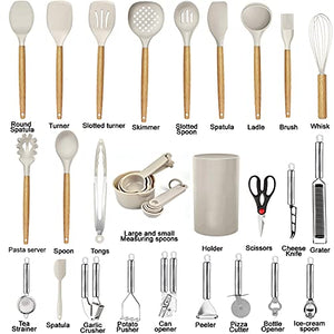 Kitchen Utensils Set - 35 PCs Cooking Utensils with Grater, Tongs, Spoon Spatula & Turner Made of Heat Resistant Food Grade Silicone and Wooden Handles Kitchen Gadgets Tools Set for Nonstick Cookware