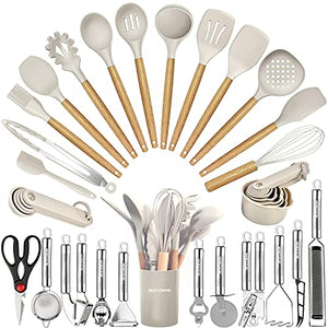 Kitchen Utensils Set - 35 PCs Cooking Utensils with Grater, Tongs, Spoon Spatula & Turner Made of Heat Resistant Food Grade Silicone and Wooden Handles Kitchen Gadgets Tools Set for Nonstick Cookware