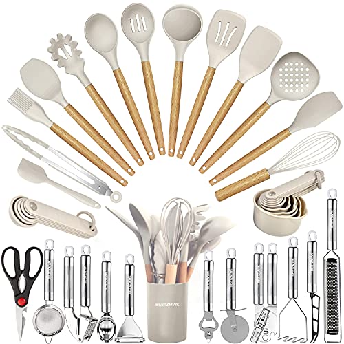 Kitchen Utensils Set - 35 PCs Cooking Utensils with Grater, Tongs, Spoon Spatula & Turner Made of Heat Resistant Food Grade Silicone and Wooden Handles Kitchen Gadgets Tools Set for Nonstick Cookware