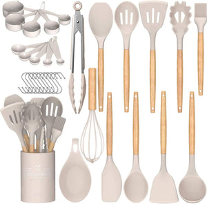 Chef Kitchen Cooking Utensils Set, 33 pcs Non-Stick Silicone Cooking Kitchen Utensils Spatula Set with Holder, Wooden Handle Silicone Kitchen Gadgets Utensil Set