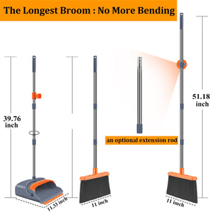 Broom and Dustpan Set, Self-Cleaning with Dustpan Teeth, Indoor & Outdoor Sweeping, Ideal for Dog Cat Pets Home Use, Stand Up Broom and Dustpan