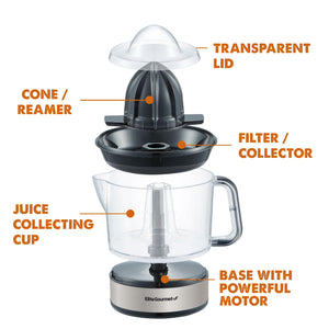 Elite Electric Citrus Juicer, Compact, Large Volume, Pulp Control, Oranges, Lemons, Limes, Grapefruits with Easy Pour Spout, 24oz, Black/Stainless Steel