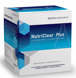 Box of NutriClear Plus metabolic cleanse program by Biotics Research on a white background