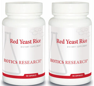 Two bottles of Biotics Research Red Yeast Rice dietary supplement on a white background