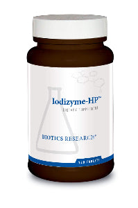 A bottle of Biotics Research Iodizyme HP Iodine supplements with 120 tablets for thyroid support and metabolic function.