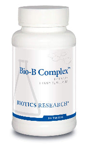 Supplement bottle of Biotics Research Bio-B Complex high potency B vitamin formula 90 tablets on a clean white background