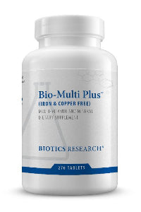 Bottle of Biotics Research Bio-Multi Plus Iron and Copper Free, 270 tablets. A premium multivitamin with chelated minerals and emulsified vitamins.