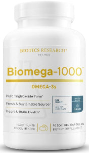 Bottle of Biotics Research Biomega-1000, 90 softgels. A high-potency fish oil supplement for heart, brain, and immune wellness support.