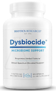 Bottle of Biotics Research Dysbiocide, 120 capsules. An herbal supplement for maintaining gut lining integrity and healthy microbial balance.