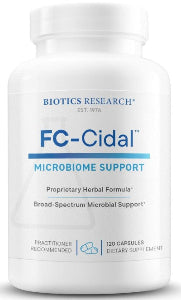 Bottle of Biotics Research FC-Cidal, 120 capsules. A potent botanical supplement with 7 herbs for digestive wellness and intestinal support.