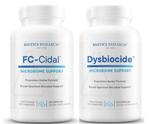 Biotics Research FC-Cidal and Dysbiocide supplement bottles side-by-side. A synergistic herbal bundle for gastrointestinal wellness and microbiome balance.
