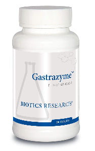 Bottle of Biotics Research Gastrazyme, 90 tablets. A specialized supplement for gastrointestinal support featuring Vitamin U complex and antioxidants.