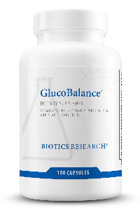 Supplement bottle of Biotics Research GlucoBalance 180 capsules on a clean white background
