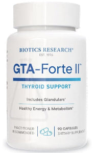 Bottle of Biotics Research GTA-Forte II, 90 capsules. A professional-grade glandular supplement for endocrine and metabolic support.