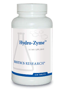 Bottle of Biotics Research Hydro-Zyme, 250 tablets. A premium daily digestive supplement containing an enzyme and mineral complex for gastrointestinal support