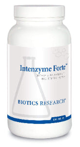 Supplement bottle of Biotics Research Intenzyme Forte 500 tablets on a clean white background