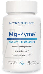 Bottle of Biotics Research Mg-Zyme, 100 capsules. A premium chelated magnesium supplement for musculoskeletal and relaxation support.