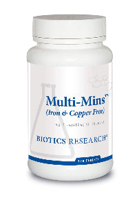 Bottle of Biotics Research Multi-Mins Iron and Copper Free, 120 tablets. A premium full-spectrum mineral complex for daily nutritional support.