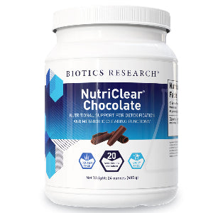 Container of Biotics Research NutriClear Chocolate powder. A comprehensive nutritional formula with organic pea protein for metabolic wellness support.