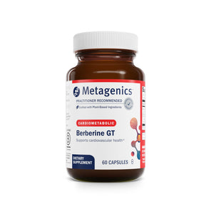 Bottle of Metagenics Berberine GT, 60 capsules. A practitioner-recommended supplement featuring berberine and decaffeinated green tea extract for metabolic wellness.