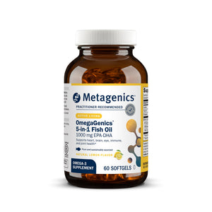 Bottle of Metagenics OmegaGenics 5-in-1 Fish Oil, 1000 mg EPA-DHA, natural lemon flavor, 60 softgels. Supports heart, brain, eye, immune, and joint health