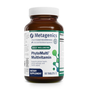 Bottle of Metagenics PhytoMulti Multivitamin, 60 tablets, featuring plant-based ingredients for cellular health and healthy aging