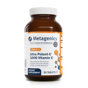 Bottle of Metagenics Ultra Potent Vitamin C, 90 tablets. A premium daily multivitamin with a concentrated phytonutrient blend for cellular health support.