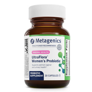 Bottle of Metagenics UltraFlora Women’s Probiotic, 30 capsules. A practitioner-recommended probiotic supplement for optimal vaginal and urinary health