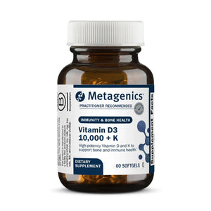 Bottle of Metagenics Vitamin D3 10,000 + K, 60 softgels. A high-potency practitioner-recommended supplement for immune and bone health support