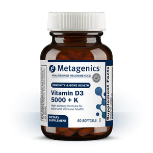 Bottle of Metagenics Vitamin D3 5000 + K, 60 softgels, dietary supplement for immunity and bone health