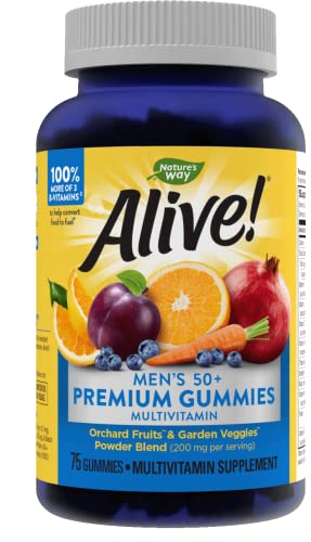 Nature's Way Alive! Men’s 50+ Premium Gummy Multivitamins, Supports Multiple Body Systems, B-Vitamins, Gluten-Free, Vegetarian, Grape, Orange and Cherry Flavored Gummies, 75 Gummies