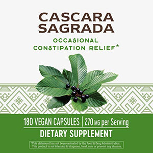Nature’s Way Cascara Sagrada Bark, Occasional Constipation Relief*, Non-GMO Project Verified, 270 mg per Serving, 180 Capsules