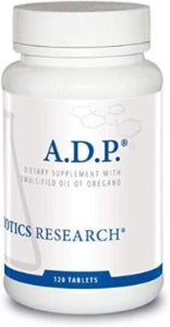 Bottle of Biotics Research A.D.P., 120 tablets. A patented, micro-emulsified oil of oregano supplement for intestinal and antioxidant support.