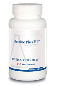 Bottle of Biotics Research Betaine Plus HP, 90 capsules. A high-potency hydrochloric acid and pepsin supplement for digestive support.