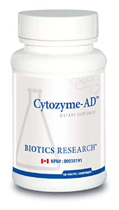 Bottle of Biotics Research Cytozyme-AD, 180 tablets. A premium neonatal glandular supplement for HPA axis and antioxidant support.