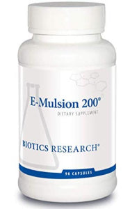 Bottle of Biotics Research E-Mulsion 200, 90 capsules. An emulsified Vitamin E supplement with mixed tocopherols for antioxidant support.