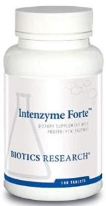Bottle of Biotics Research Intenzyme Forte, 100 tablets. A high-quality proteolytic enzyme supplement for digestive and metabolic support.